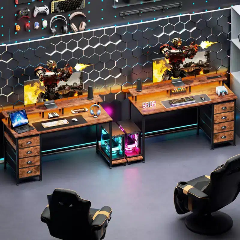 Bureau d'ordinateur brun rustique de 47 pouces avec station de chargement, bureau de jeu réversible, lumières LED, 4 tiroirs en tissu, support d'écran, table d'écriture pour bureau à domicile