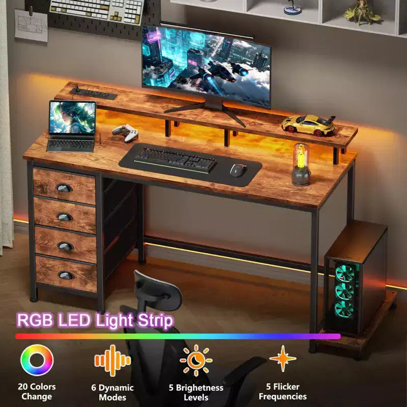 Bureau d'ordinateur brun rustique de 47 pouces avec station de chargement, bureau de jeu réversible, lumières LED, 4 tiroirs en tissu, support d'écran, table d'écriture pour bureau à domicile