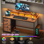 Bureau d'ordinateur brun rustique de 47 pouces avec station de chargement, bureau de jeu réversible, lumières LED, 4 tiroirs en tissu, support d'écran, table d'écriture pour bureau à domicile