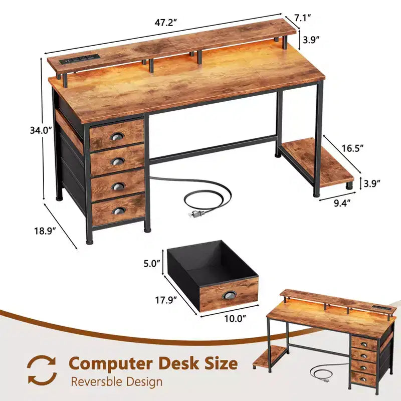 Bureau d'ordinateur brun rustique de 47 pouces avec station de chargement, bureau de jeu réversible, lumières LED, 4 tiroirs en tissu, support d'écran, table d'écriture pour bureau à domicile