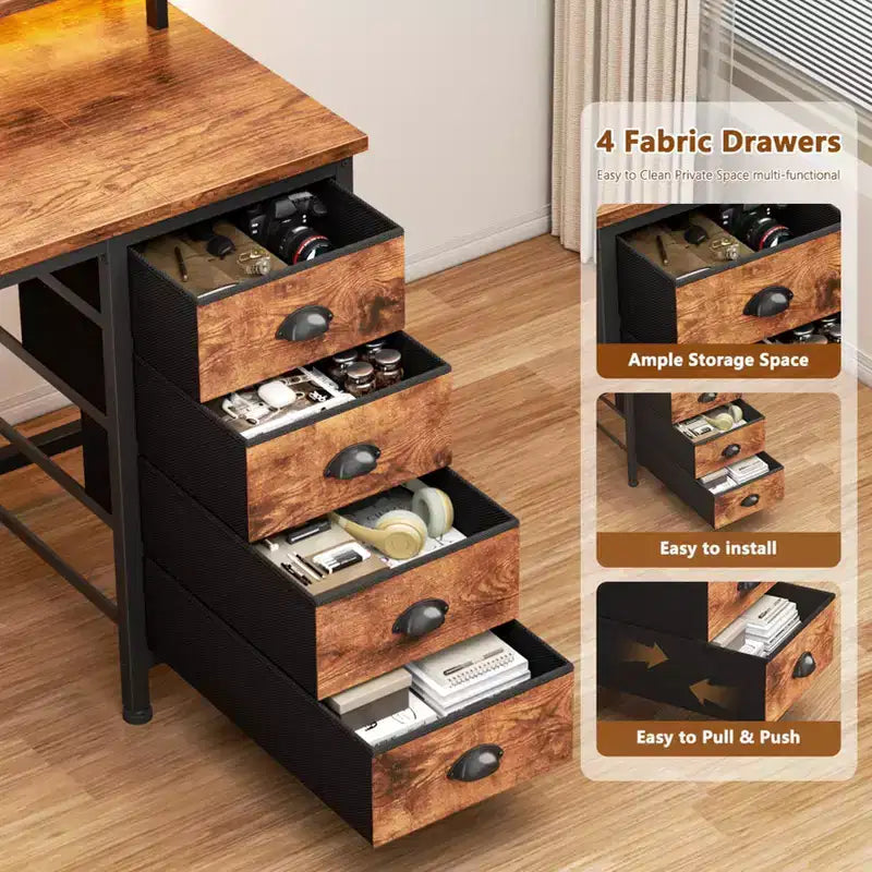 Bureau d'ordinateur brun rustique de 47 pouces avec station de chargement, bureau de jeu réversible, lumières LED, 4 tiroirs en tissu, support d'écran, table d'écriture pour bureau à domicile
