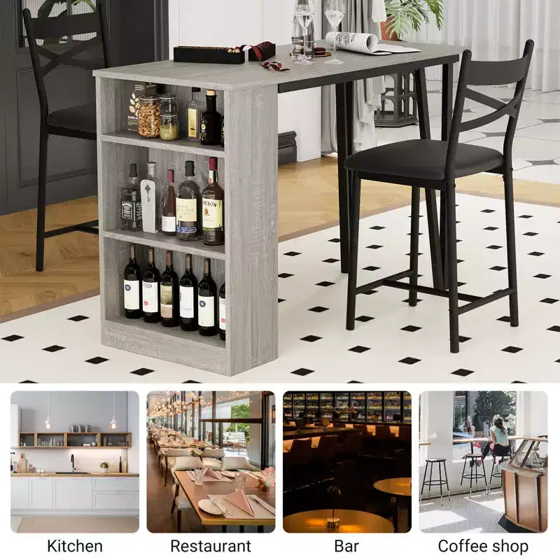 Ensemble table de salle à manger pour 2, table de bar de cuisine et chaises, table de bar de cuisine haute avec étagères de rangement à 3 niveaux et 2 tabourets, pour restaurants et bistros