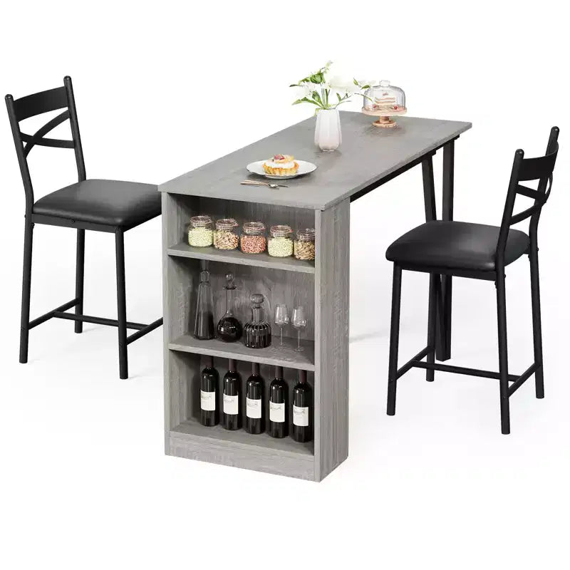 Ensemble table de salle à manger pour 2, table de bar de cuisine et chaises, table de bar de cuisine haute avec étagères de rangement à 3 niveaux et 2 tabourets, pour restaurants et bistros