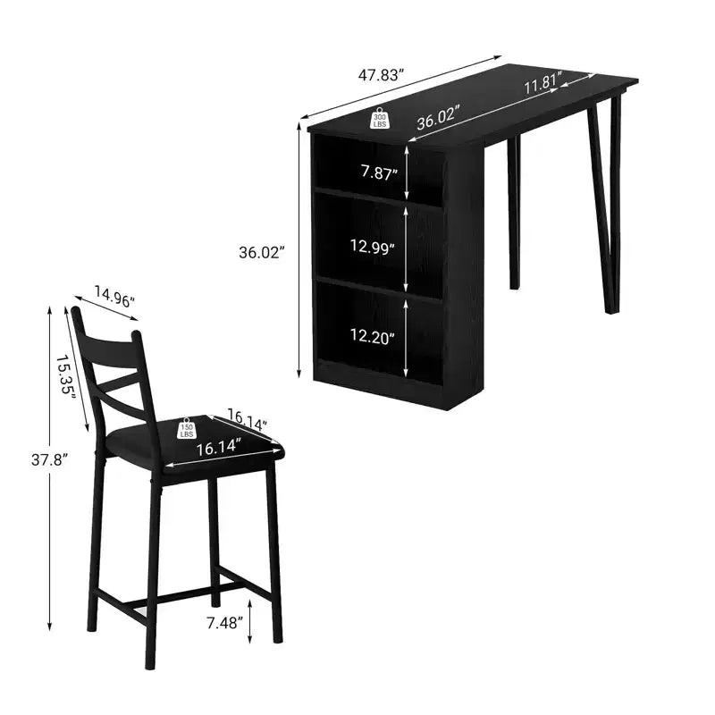 Ensemble table de salle à manger pour 2, table de bar de cuisine et chaises, table de bar de cuisine haute avec étagères de rangement à 3 niveaux et 2 tabourets, pour restaurants et bistros