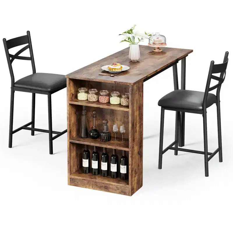 Ensemble table de salle à manger pour 2, table de bar de cuisine et chaises, table de bar de cuisine haute avec étagères de rangement à 3 niveaux et 2 tabourets, pour restaurants et bistros