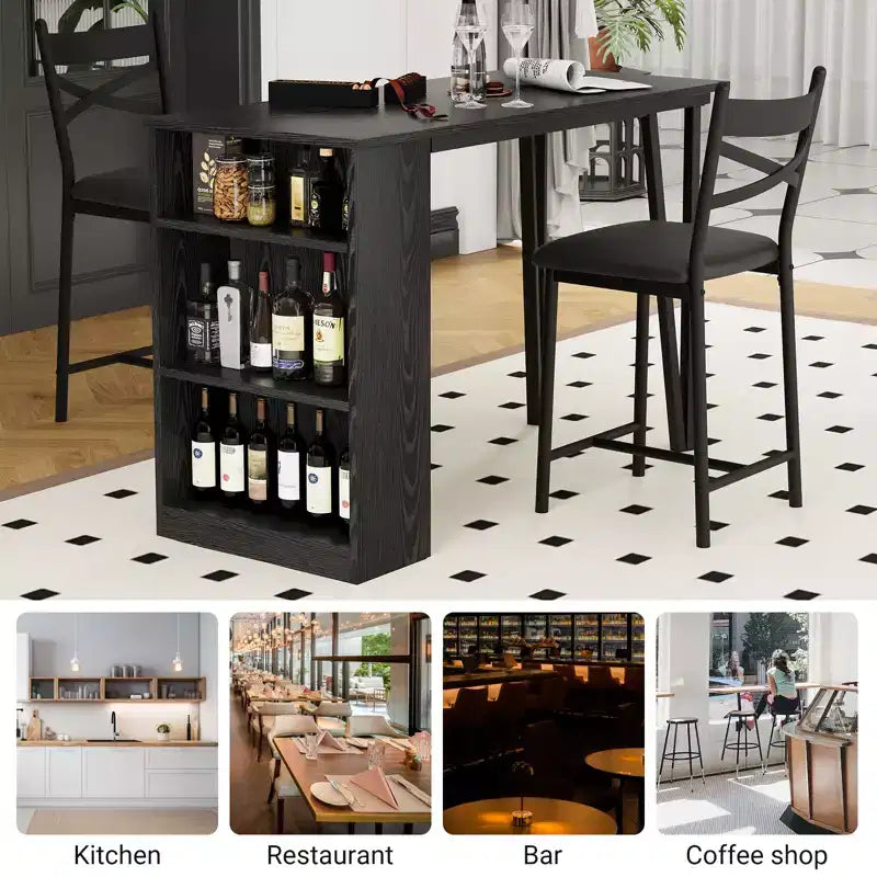 Ensemble table de salle à manger pour 2, table de bar de cuisine et chaises, table de bar de cuisine haute avec étagères de rangement à 3 niveaux et 2 tabourets, pour restaurants et bistros