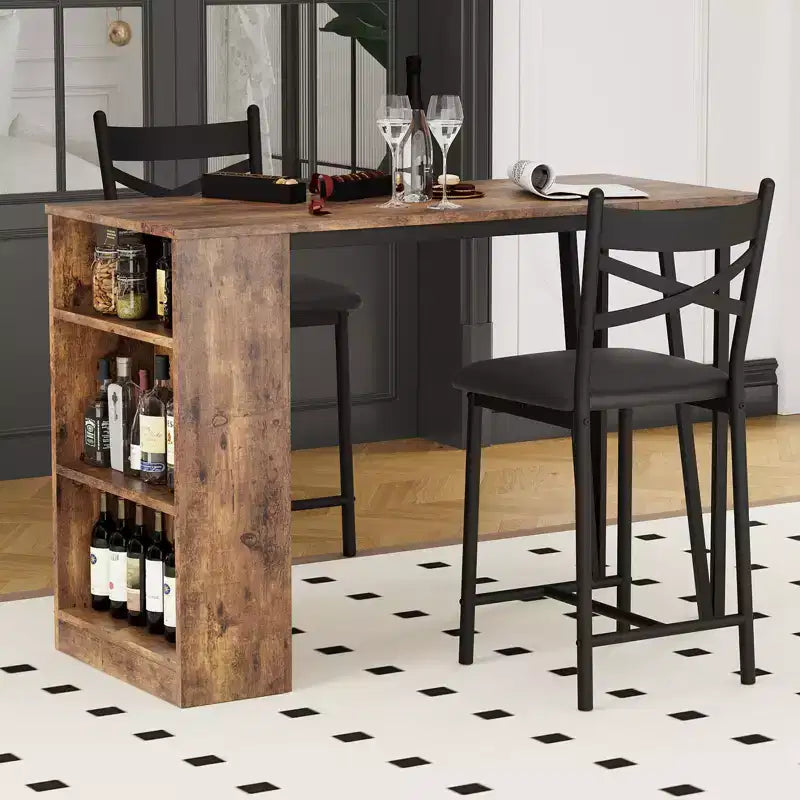 Ensemble table de salle à manger pour 2, table de bar de cuisine et chaises, table de bar de cuisine haute avec étagères de rangement à 3 niveaux et 2 tabourets, pour restaurants et bistros
