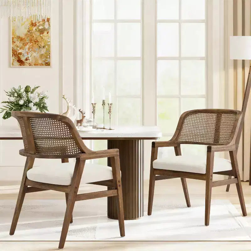 Christopher Knight Home Charlotte Chaises de salle à manger capitonnées modernes du milieu du siècle avec dossier en rotin naturel (Lot de 2)