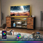 Meuble TV Qwatto de 55 pouces marron avec station de recharge, lumières LED, 6 tiroirs en tissu, meuble de rangement pour TV jusqu'à 60 pouces, rangement de chambre