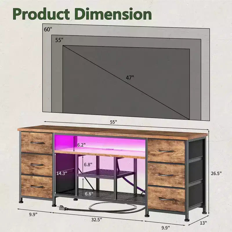 Meuble TV Qwatto de 55 pouces marron avec station de recharge, lumières LED, 6 tiroirs en tissu, meuble de rangement pour TV jusqu'à 60 pouces, rangement de chambre