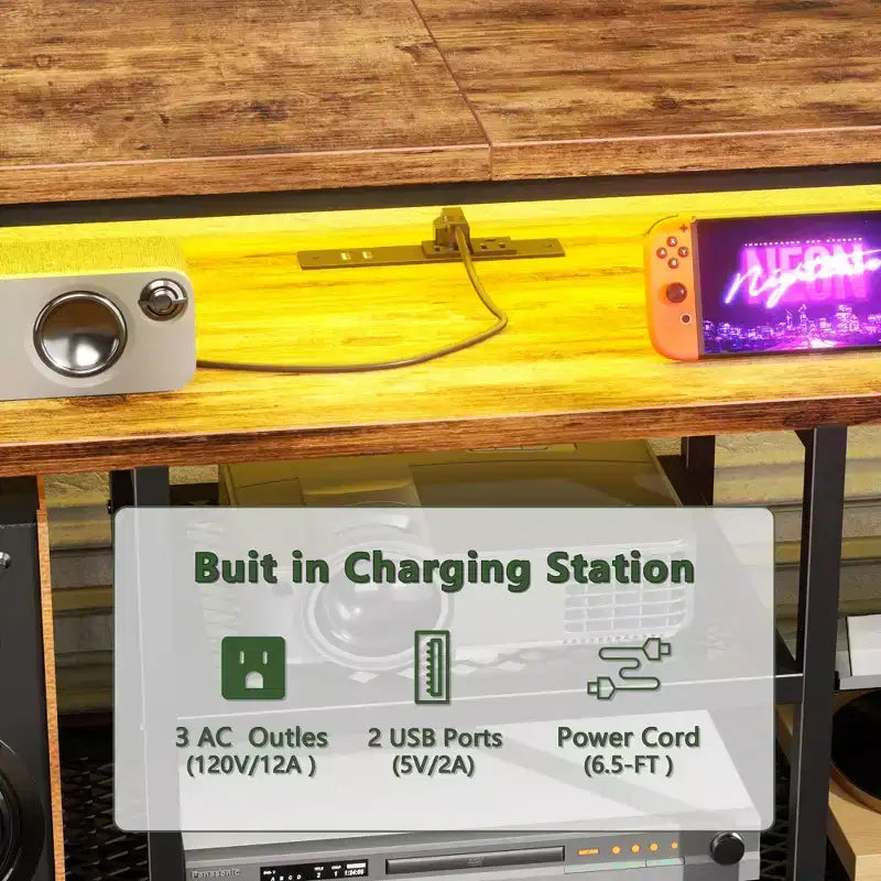 Meuble TV Qwatto de 55 pouces marron avec station de recharge, lumières LED, 6 tiroirs en tissu, meuble de rangement pour TV jusqu'à 60 pouces, rangement de chambre