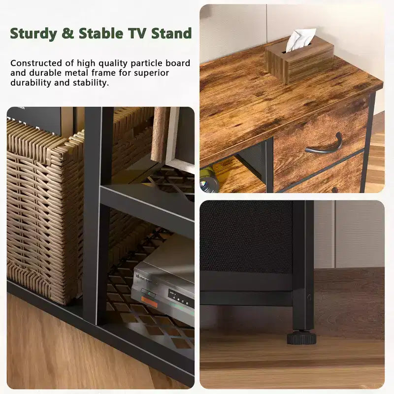 Meuble TV Qwatto de 55 pouces marron avec station de recharge, lumières LED, 6 tiroirs en tissu, meuble de rangement pour TV jusqu'à 60 pouces, rangement de chambre