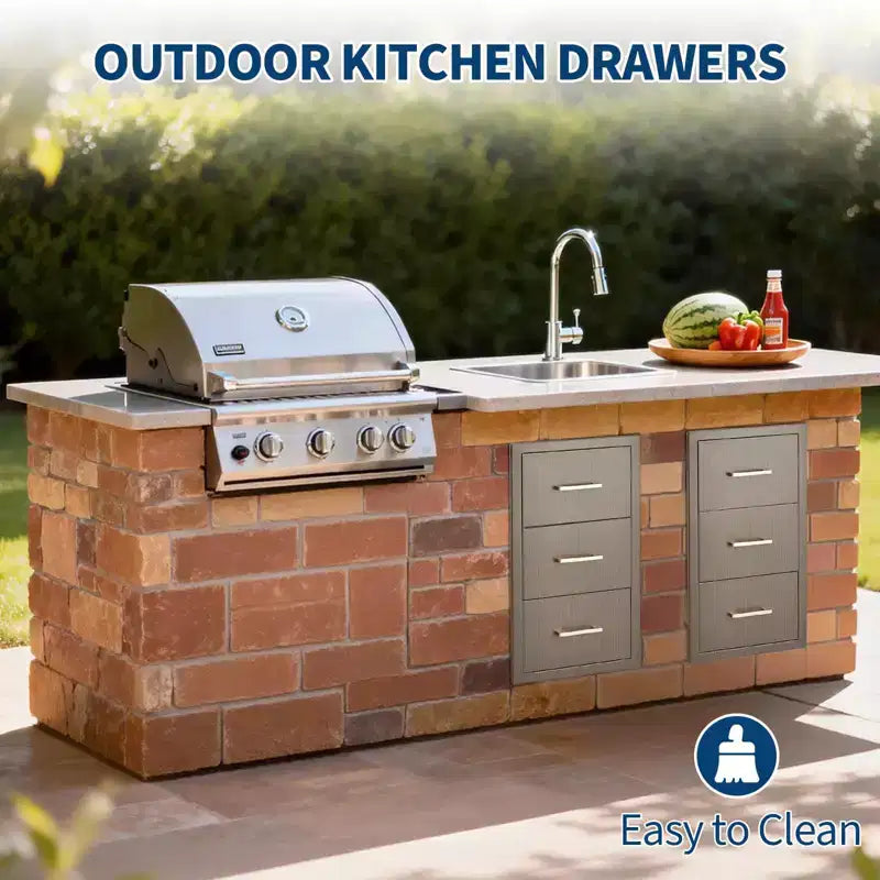 Tiroirs de cuisine d'extérieur 16 W x 28,5 H x 20,5 P, Triple tiroirs d'accès encastrables pour BBQ avec poignée en acier inoxydable pour cuisines extérieures, îlot de BBQ
