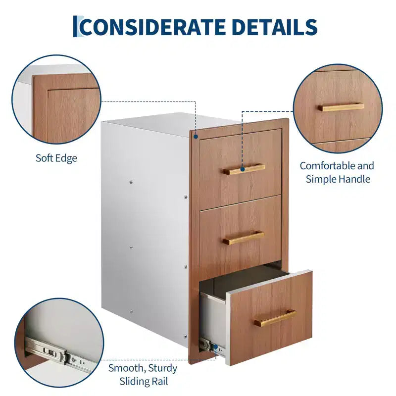 Tiroirs de cuisine d'extérieur 16 W x 28,5 H x 20,5 P, Triple tiroirs d'accès encastrables pour BBQ avec poignée en acier inoxydable pour cuisines extérieures, îlot de BBQ