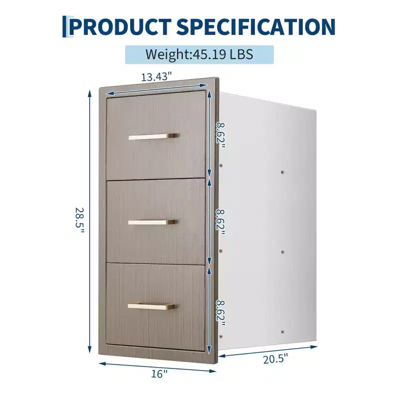 Tiroirs de cuisine d'extérieur 16 W x 28,5 H x 20,5 P, Triple tiroirs d'accès encastrables pour BBQ avec poignée en acier inoxydable pour cuisines extérieures, îlot de BBQ