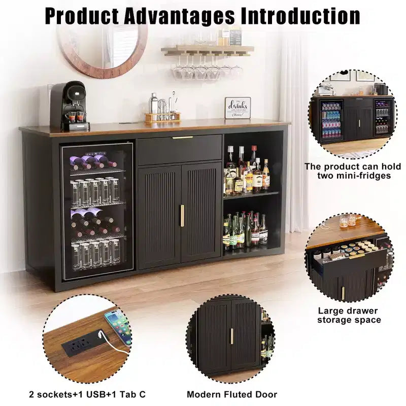 GDLF Long Coffee Bar Cabinet with Fridge Space, 70.1 Armoire à vin et spiritueux moderne