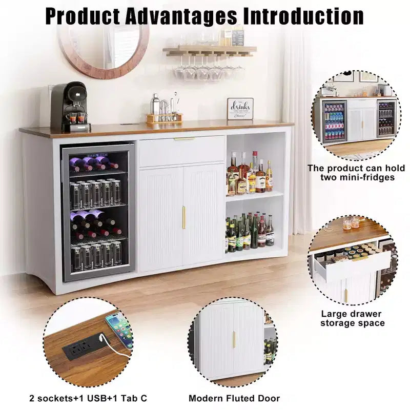GDLF Long Coffee Bar Cabinet with Fridge Space, 70.1 Armoire à vin et spiritueux moderne
