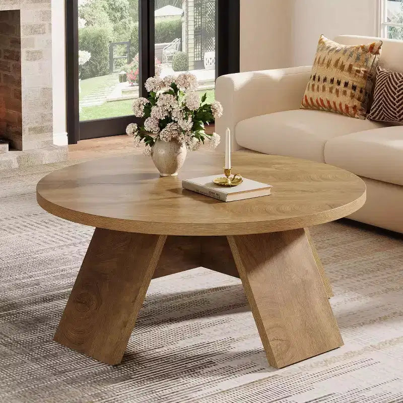 Table basse ronde Lantine, 99,99 cm, en bois, avec pieds évasés, table basse d'appoint moderne pour salon, appartement, marron