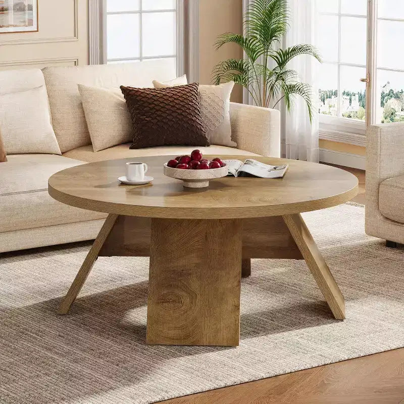 Table basse ronde Lantine, 99,99 cm, en bois, avec pieds évasés, table basse d'appoint moderne pour salon, appartement, marron