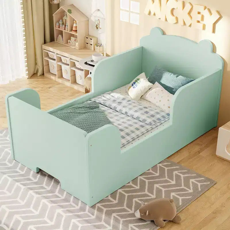 Bellemave Lit au Sol pour Tout-Petits avec Barrières de Sécurité et Forme d'Ours, Cadre de Lit en Bois Massif pour Garçons et Filles, Aucun Sommier Tapissier Nécessaire