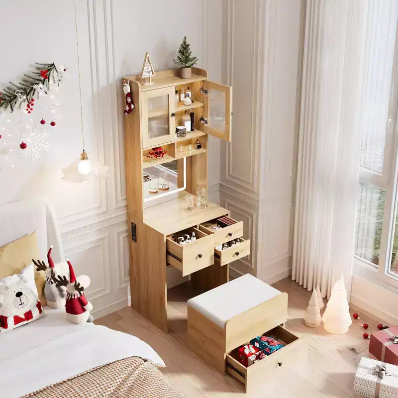 Coiffeuse 3-en-1, ensemble de coiffeuse haute avec 2 prises CA et USB-C, table de maquillage avec tiroirs et portes en acrylique, miroir de coiffeuse de chevet, boîte à bijoux