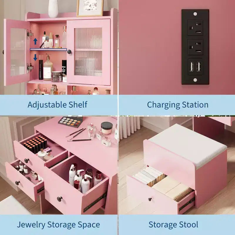 Coiffeuse 3-en-1, ensemble de coiffeuse haute avec 2 prises CA et USB-C, table de maquillage avec tiroirs et portes en acrylique, miroir de coiffeuse de chevet, boîte à bijoux