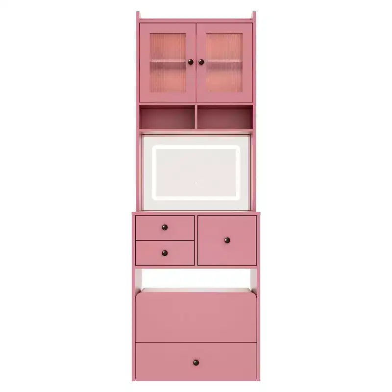 Coiffeuse 3-en-1, ensemble de coiffeuse haute avec 2 prises CA et USB-C, table de maquillage avec tiroirs et portes en acrylique, miroir de coiffeuse de chevet, boîte à bijoux
