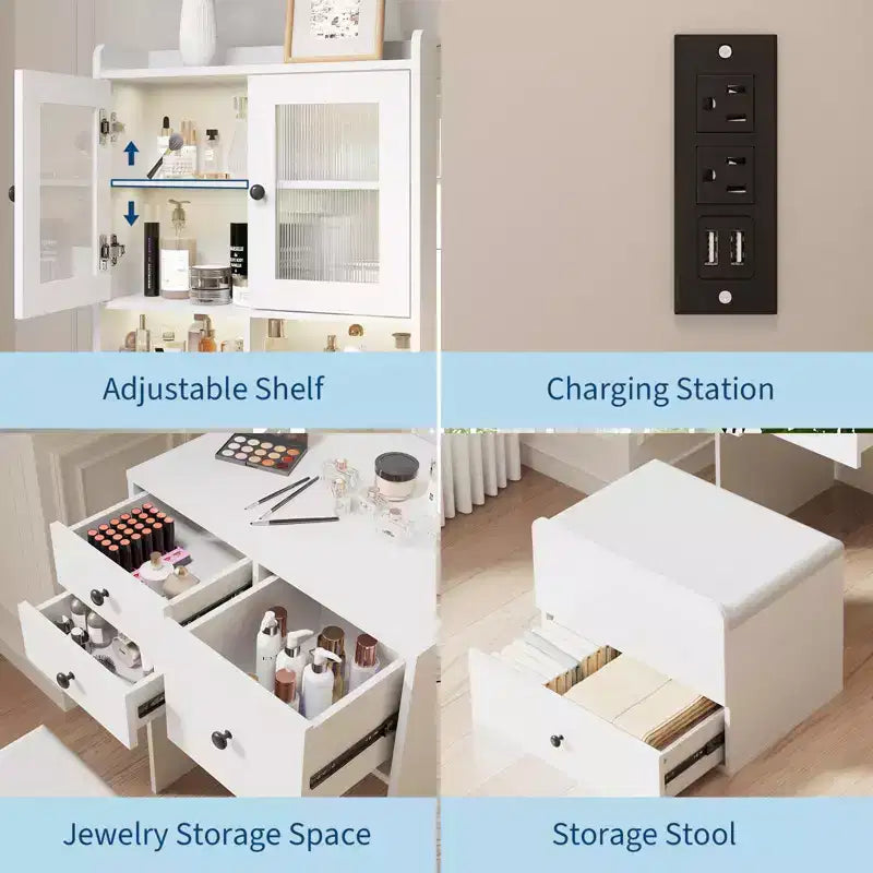 Coiffeuse 3-en-1, ensemble de coiffeuse haute avec 2 prises CA et USB-C, table de maquillage avec tiroirs et portes en acrylique, miroir de coiffeuse de chevet, boîte à bijoux