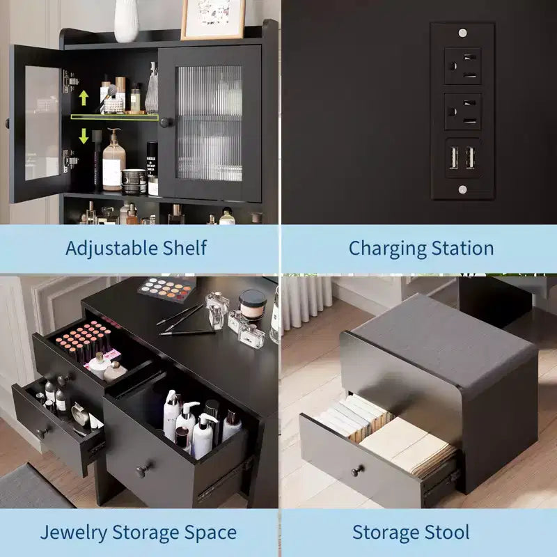 Coiffeuse 3-en-1, ensemble de coiffeuse haute avec 2 prises CA et USB-C, table de maquillage avec tiroirs et portes en acrylique, miroir de coiffeuse de chevet, boîte à bijoux