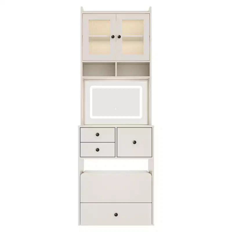 Coiffeuse 3-en-1, ensemble de coiffeuse haute avec 2 prises CA et USB-C, table de maquillage avec tiroirs et portes en acrylique, miroir de coiffeuse de chevet, boîte à bijoux