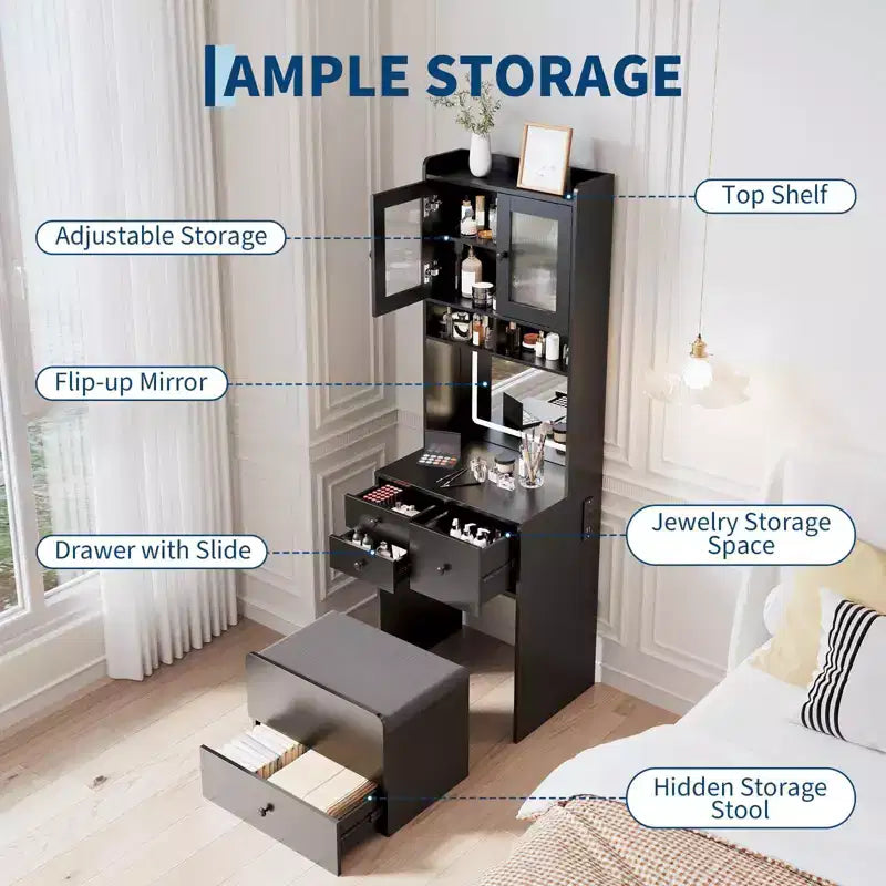 Coiffeuse 3-en-1, ensemble de coiffeuse haute avec 2 prises CA et USB-C, table de maquillage avec tiroirs et portes en acrylique, miroir de coiffeuse de chevet, boîte à bijoux