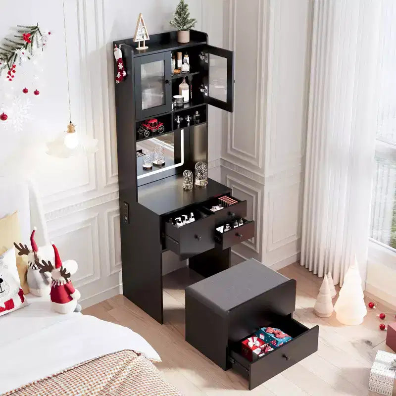Coiffeuse 3-en-1, ensemble de coiffeuse haute avec 2 prises CA et USB-C, table de maquillage avec tiroirs et portes en acrylique, miroir de coiffeuse de chevet, boîte à bijoux