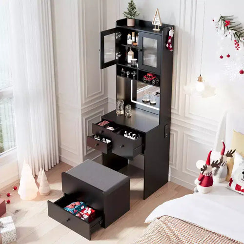 3 in 1 Vanity Desk,Tall Makeup Vanity Set with 2 AC Outlets & USB-c, Dressing Table with Drawers & Acrylic Doors, Nightstand Vanity Mirror,Jewelry Box