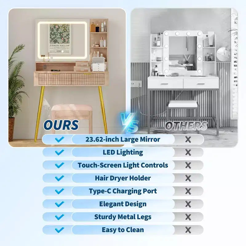 Coiffeuse LED de 80 cm avec miroir éclairé, 2 tiroirs, 3 modes d'éclairage et prise intégrée pour rangement de chambre