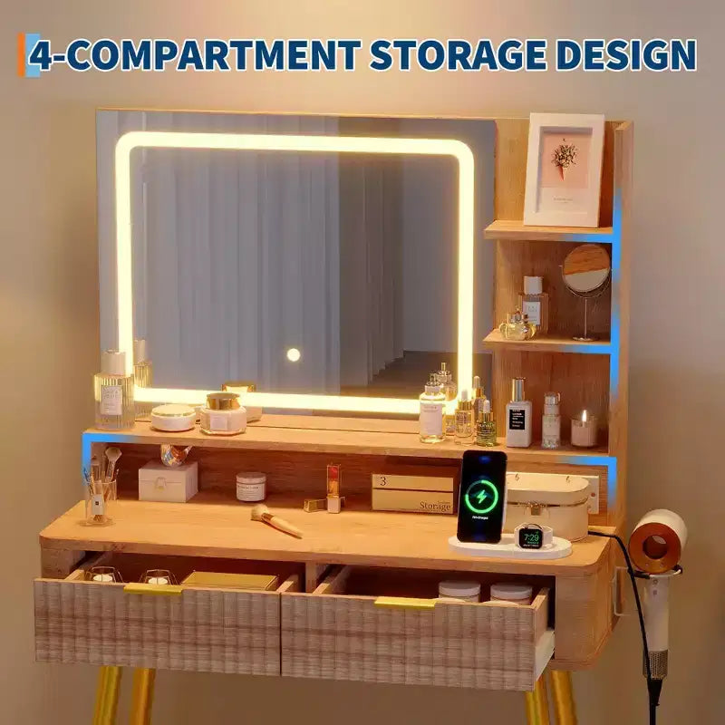 Coiffeuse LED de 80 cm avec miroir éclairé, 2 tiroirs, 3 modes d'éclairage et prise intégrée pour rangement de chambre
