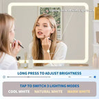 Coiffeuse LED de 80 cm avec miroir éclairé, 2 tiroirs, 3 modes d'éclairage et prise intégrée pour rangement de chambre
