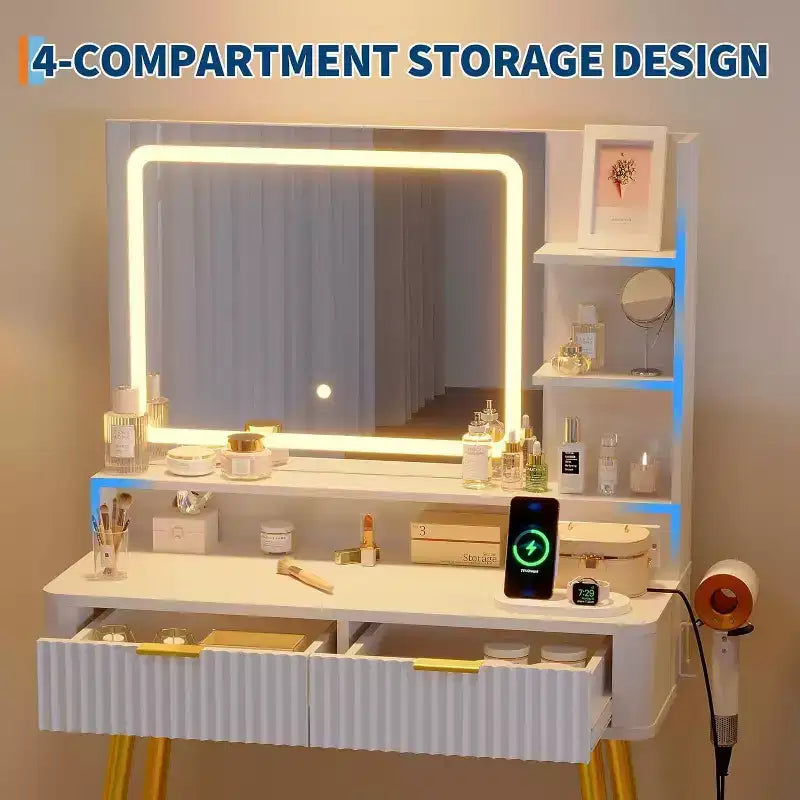 Coiffeuse LED de 80 cm avec miroir éclairé, 2 tiroirs, 3 modes d'éclairage et prise intégrée pour rangement de chambre