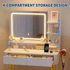 Coiffeuse LED de 80 cm avec miroir éclairé, 2 tiroirs, 3 modes d'éclairage et prise intégrée pour rangement de chambre