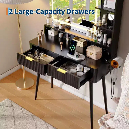 Coiffeuse LED de 80 cm avec miroir éclairé, 2 tiroirs, 3 modes d'éclairage et prise intégrée pour rangement de chambre
