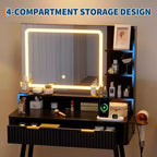 Coiffeuse LED de 80 cm avec miroir éclairé, 2 tiroirs, 3 modes d'éclairage et prise intégrée pour rangement de chambre