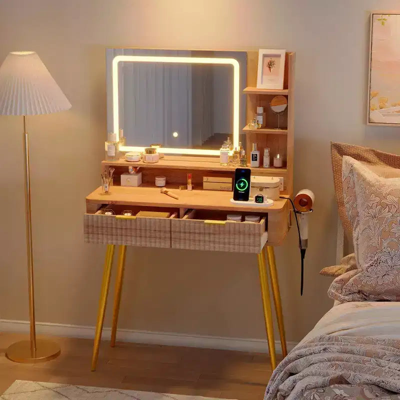 Coiffeuse LED de 80 cm avec miroir éclairé, 2 tiroirs, 3 modes d'éclairage et prise intégrée pour rangement de chambre
