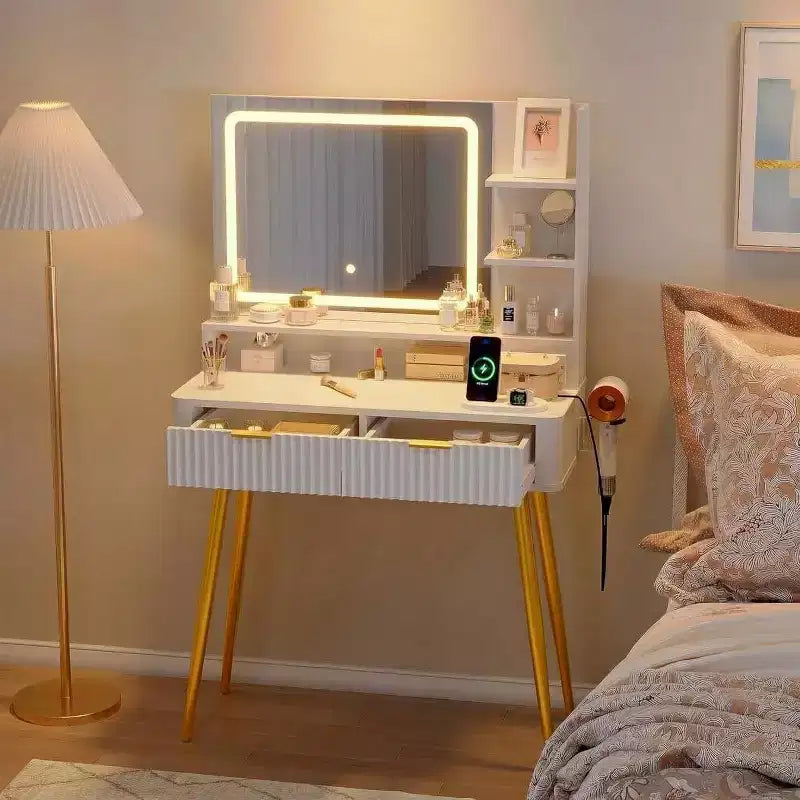 Coiffeuse LED de 80 cm avec miroir éclairé, 2 tiroirs, 3 modes d'éclairage et prise intégrée pour rangement de chambre