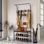 Porte-manteau d'entrée 4-en-1 avec banc à chaussures, étagère à 3 niveaux, tringle de suspension et 8 crochets réglables – Porte-manteau autoportant pour couloir, chambre, salon