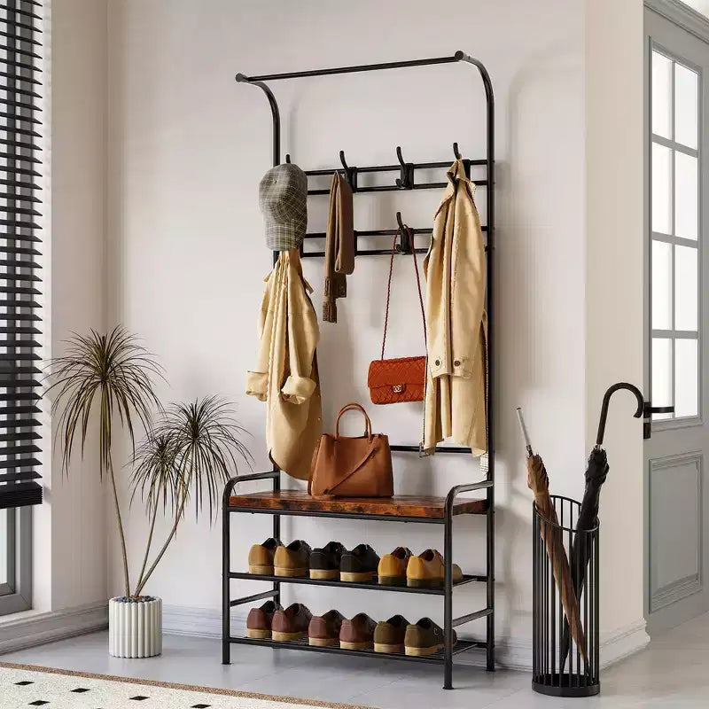 Porte-manteau d'entrée 4-en-1 avec banc à chaussures, étagère à 3 niveaux, tringle de suspension et 8 crochets réglables – Porte-manteau autoportant pour couloir, chambre, salon