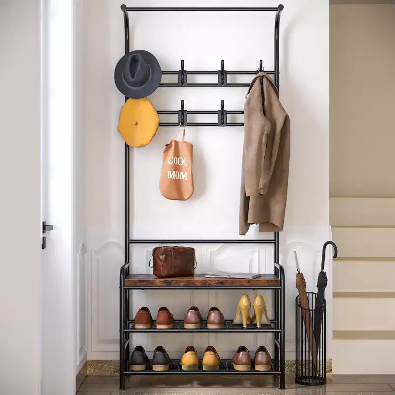 Porte-manteau d'entrée 4-en-1 avec banc à chaussures, étagère à 3 niveaux, tringle de suspension et 8 crochets réglables – Porte-manteau autoportant pour couloir, chambre, salon