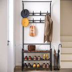 Porte-manteau d'entrée 4-en-1 avec banc à chaussures, étagère à 3 niveaux, tringle de suspension et 8 crochets réglables – Porte-manteau autoportant pour couloir, chambre, salon