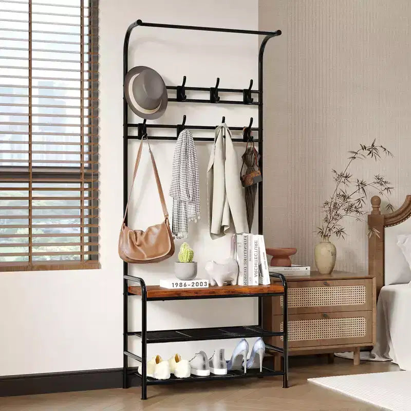 Porte-manteau d'entrée 4-en-1 avec banc à chaussures, étagère à 3 niveaux, tringle de suspension et 8 crochets réglables – Porte-manteau autoportant pour couloir, chambre, salon