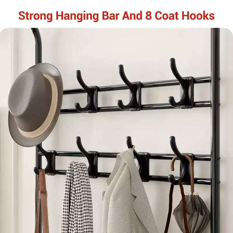 Porte-manteau d'entrée 4-en-1 avec banc à chaussures, étagère à 3 niveaux, tringle de suspension et 8 crochets réglables – Porte-manteau autoportant pour couloir, chambre, salon