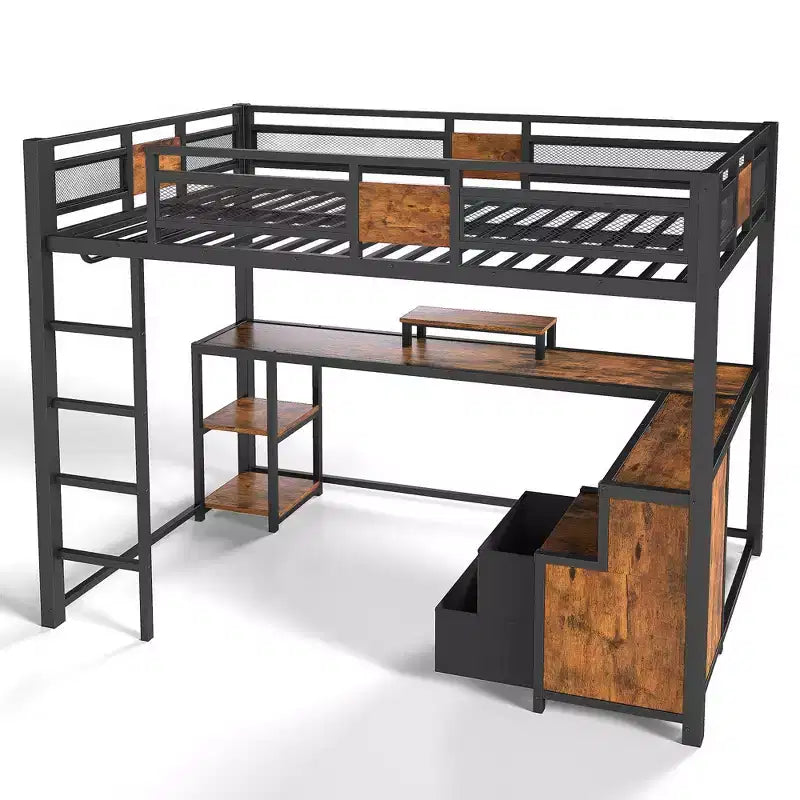 Lit mezzanine Bellemave avec bureau et rangement Tiroirs en tissu non tissé, Cadre de lit mezzanine en métal avec échelles, Silencieux, Pas besoin de sommier tapissier, Noir