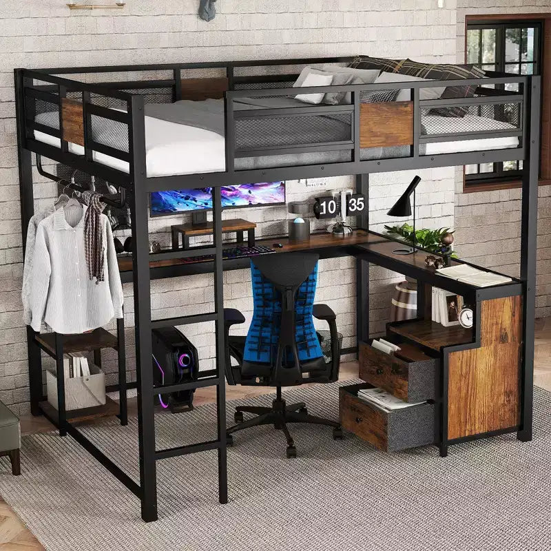Lit mezzanine Bellemave avec bureau et rangement Tiroirs en tissu non tissé, Cadre de lit mezzanine en métal avec échelles, Silencieux, Pas besoin de sommier tapissier, Noir